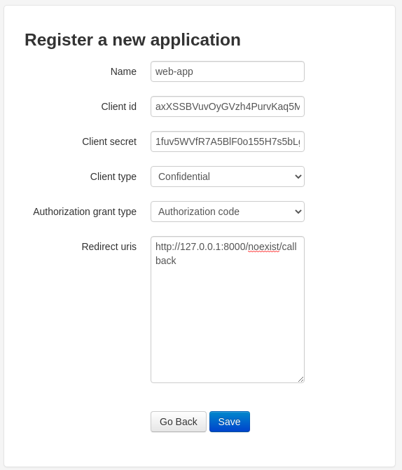 Authorization code application registration