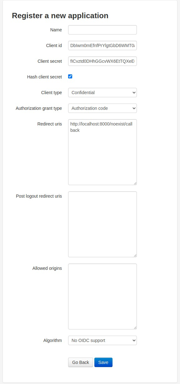 Authorization code application registration