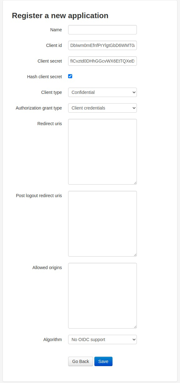 Client credential application registration