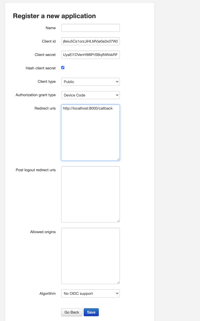 Device Authorization application registration